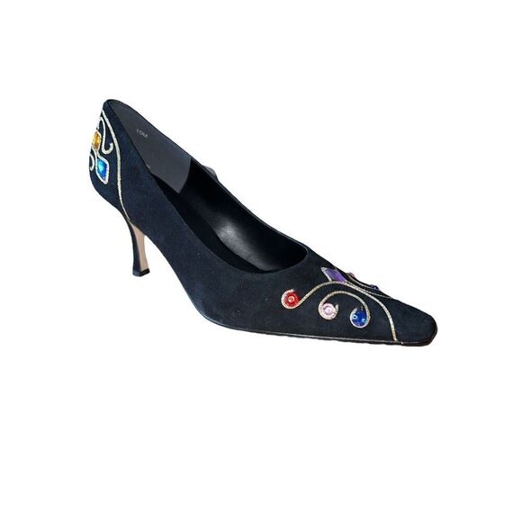 VTG 80s/90s J.Renee Black Suede Gold Tone Embroidered Jeweled Heels Women Sz 10 - Picture 1 of 11